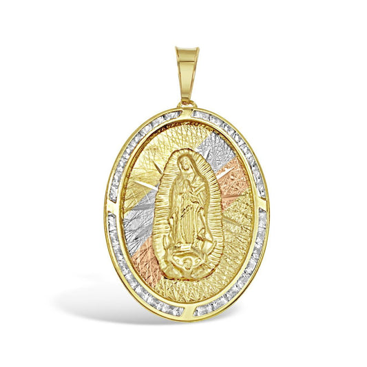 Virgin Mary Guadalupe Pendant 10K Tri Color Gold CZ Oval Religious