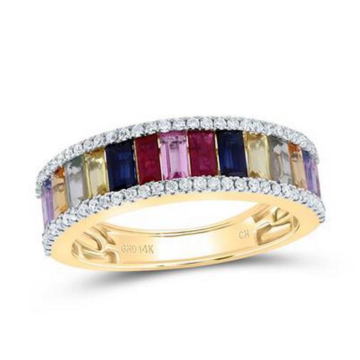 2 Cttw Multicolor Natural Sapphire Baguette & Diamond Ring Band 14k Yellow Gold