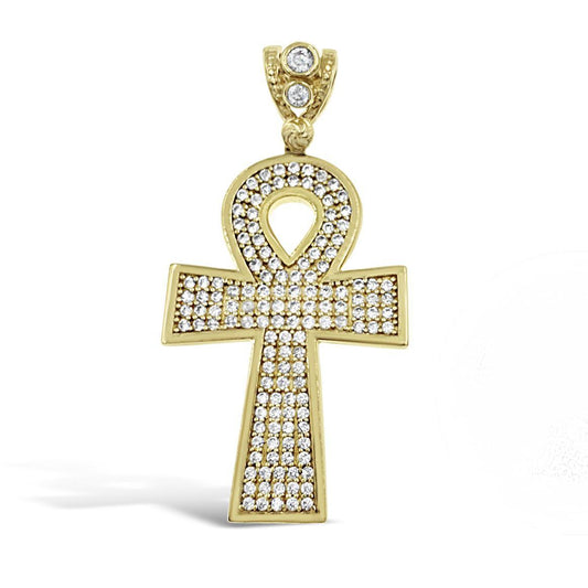 14k Gold Ankh Cross Pendant CZ Iced Out Egyptian Life Symbol Charm 1.8 inch
