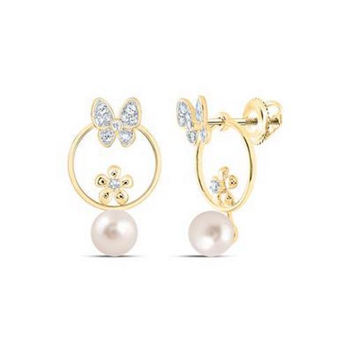 Natural Pearl 6mm & Diamond Butterfly & Flower Stud Earrings 10k Yellow Gold