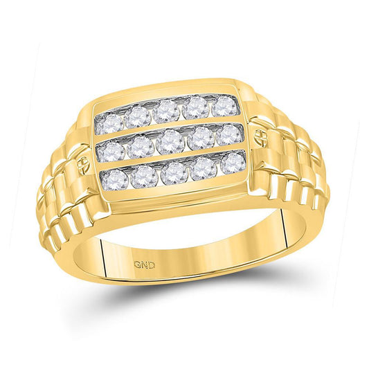 3/4 Cttw Diamond Ribbed Mens Band Ring 10kt Yellow Gold