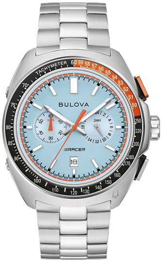 Bulova Racer Chronograph Silver tone Light Blue Dial Mens Watch 98B432