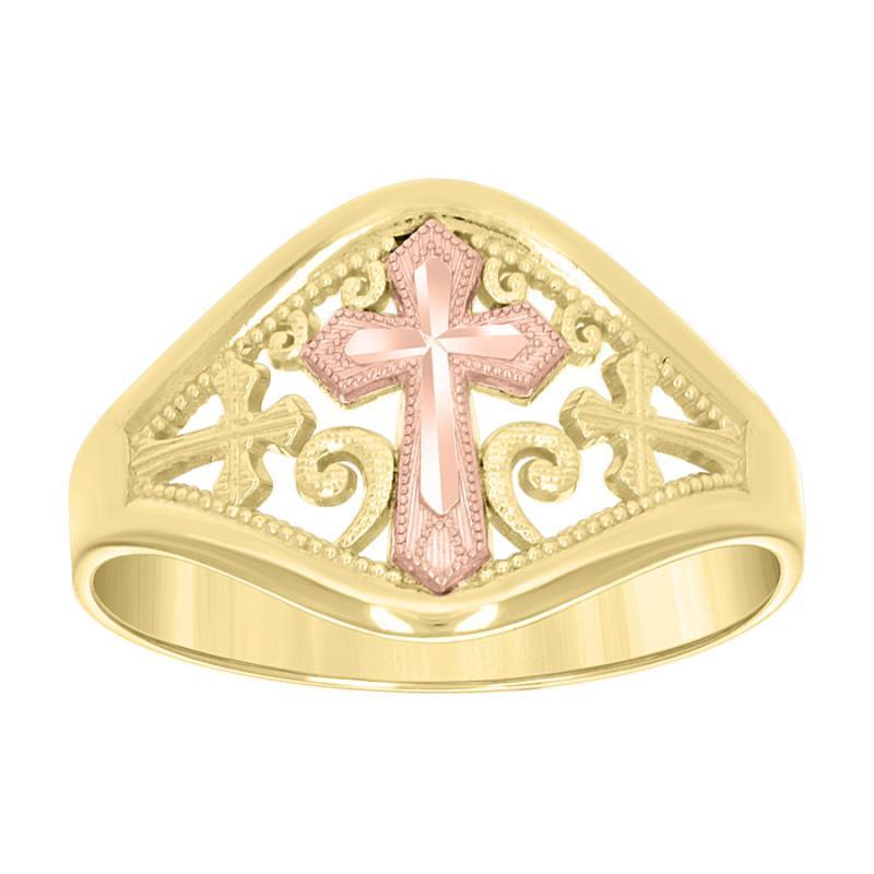 10K Two Tone Gold Cross Ring Diamond Cut Religious Womens