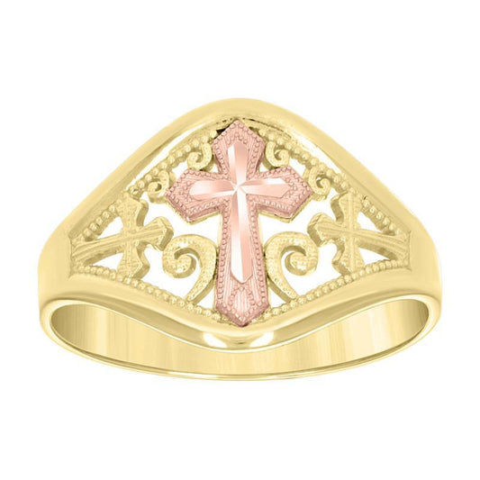 10K Two Tone Gold Cross Ring Diamond Cut Religious Womens