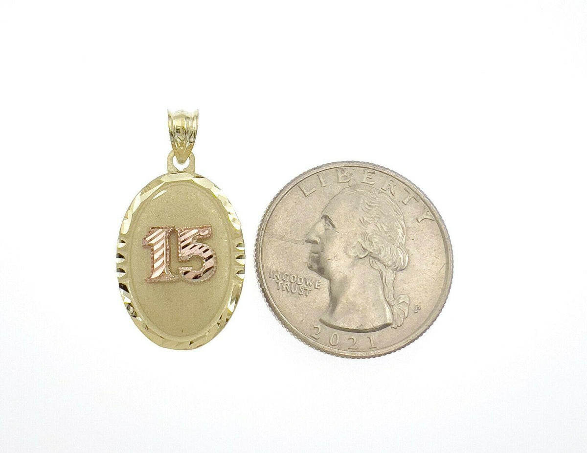 Quinceanera 15 Anos Oval Pendant 10K Yellow Rose Gold