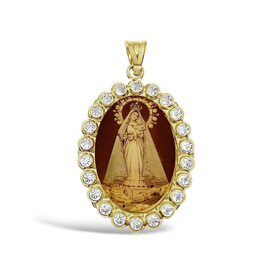 14k Yellow Gold Virgin Mary Baby Jesus Pendant Lady Guadalupe Charm Oval 1.3"