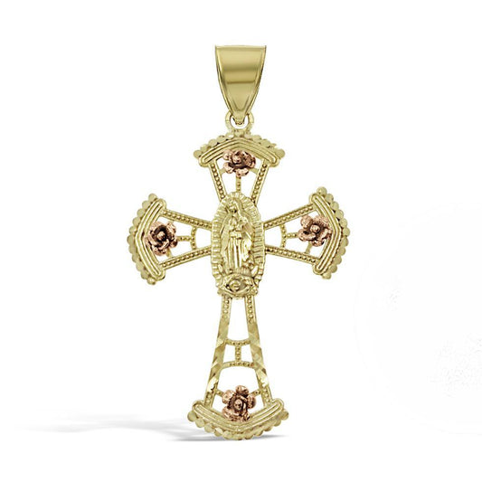 Virgin Mary Cross Pendant 10K Yellow Rose Gold Religious Charm 1.8 inch