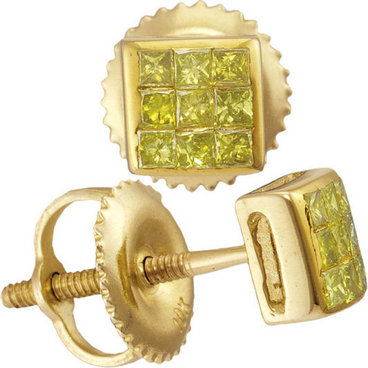 0.25cttw Yellow Diamond Princess Square Stud Earrings 10k Gold Screw Backs