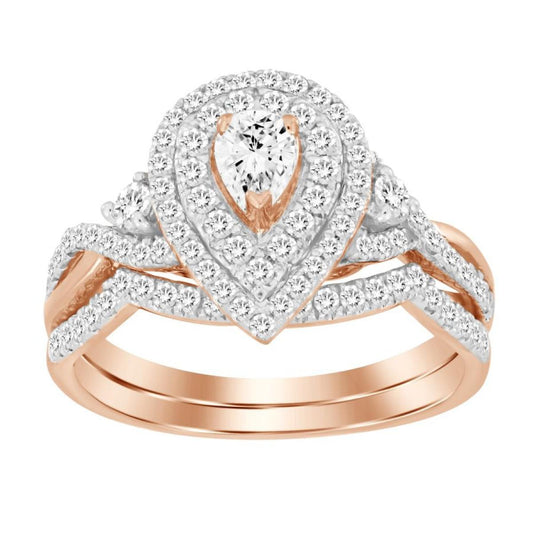 0.75ctw Diamond Pear Halo Bridal Wedding Ring Set 14k Rose Gold