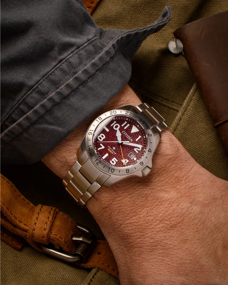 Citizen Promaster Land GMT Eco-Drive Red Dial Mens Watch BJ7150-50W