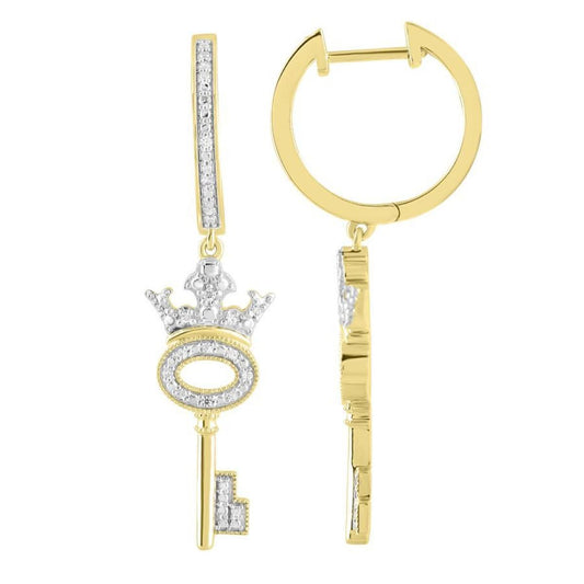 Diamond Key Crown Dangle Hoop Earrings 10k Yellow Gold