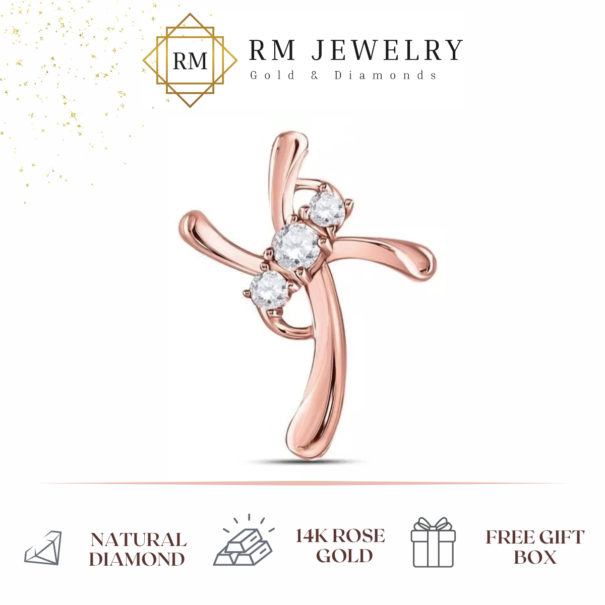 0.14ctw Diamond Three Stone Cross Pendant Charm 14k Rose Gold