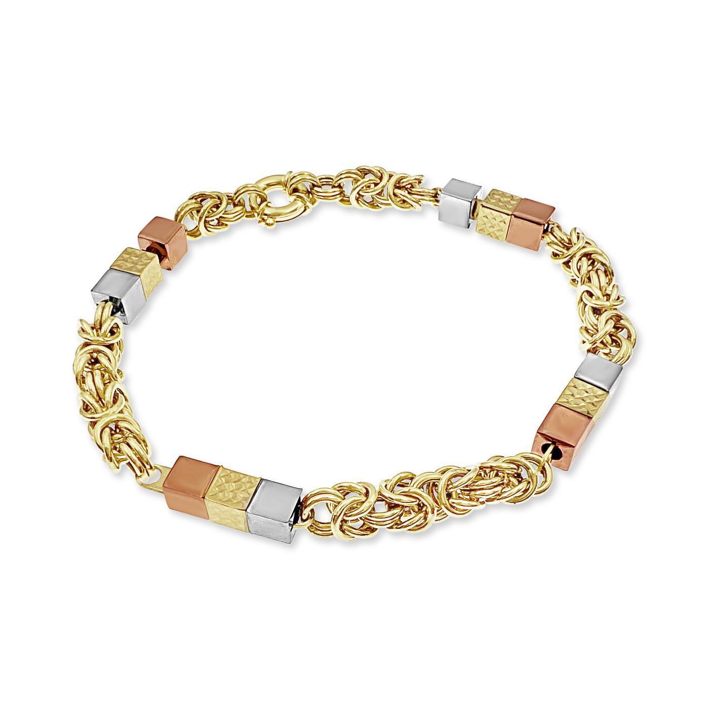 14k Yellow Gold Byzantine Link Square Charm Tri Color Bracelet 5mm