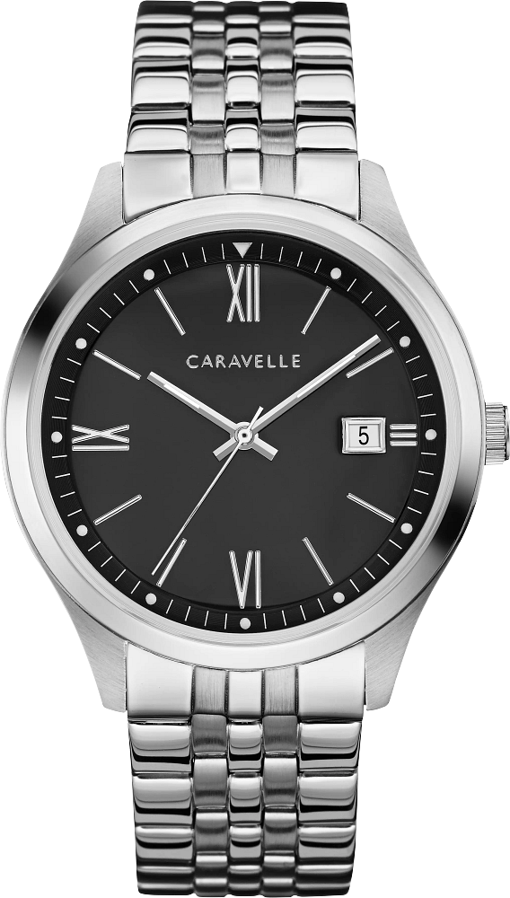 Caravelle by Bulova Dress Silver Tone Black Dial Mens Watch 43B158