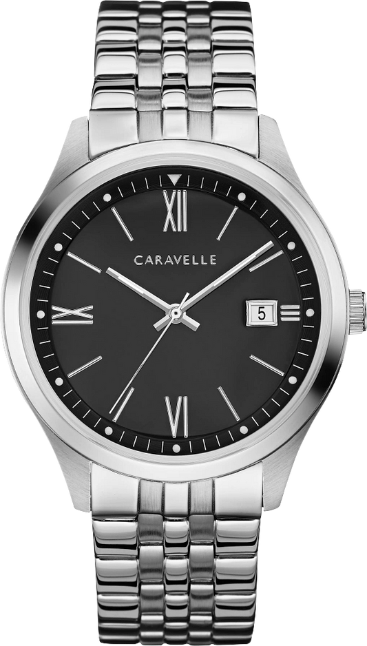 Caravelle by Bulova Dress Silver Tone Black Dial Mens Watch 43B158