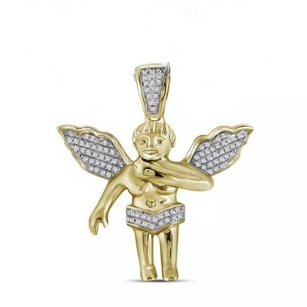 Diamond Angel Charm Pendant 3D Guardian 10k Yellow Gold