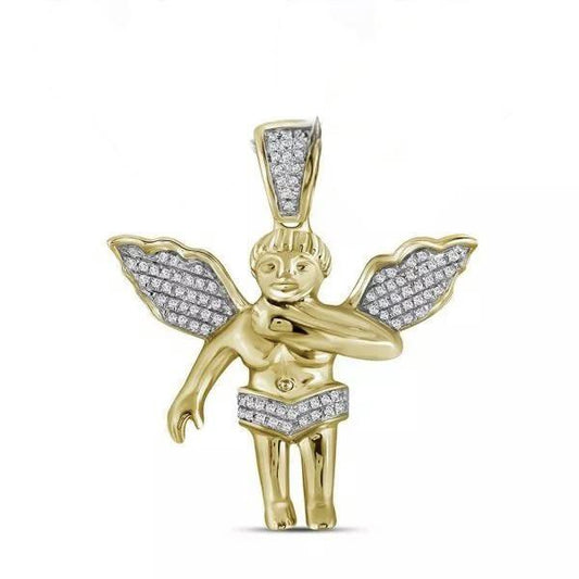 Diamond Angel Charm Pendant 3D Guardian 10k Yellow Gold