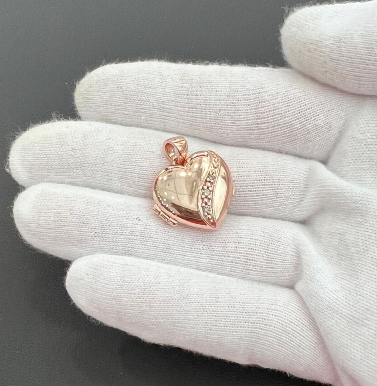 Chocolate Diamond Heart Locket Double Picture Photo Pendant 10k Rose Gold Memory