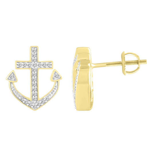 Diamond Anchor Stud Earrings 10k Yellow Gold Screw Back