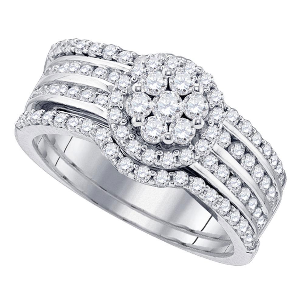 1 Cttw Diamond Round Cluster Bridal Wedding Ring Band Set 14k White Gold