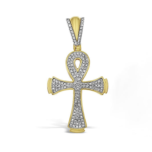 Diamond Egyptian Cross Ankh Pendant 10k Yellow Gold Mens Charm 1/3cttw