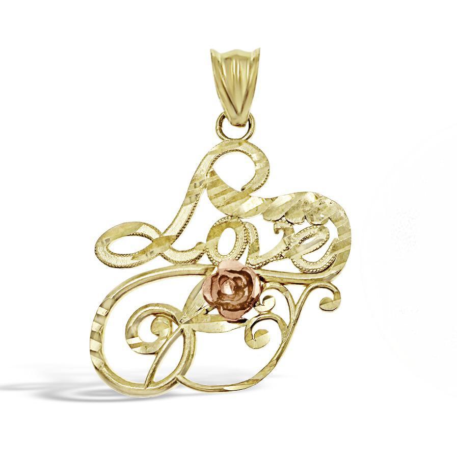 10k Yellow Gold Love Pendant with Rose Flower Design Script Letter