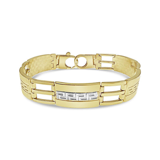 10k Yellow Gold 12mm Railroad Style Greek Key Bracelet Mens Two Tone Textured Links