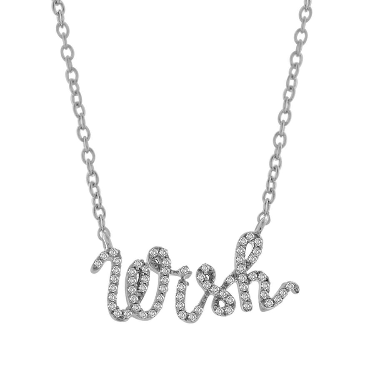 10k White Gold Diamond Script Wish Necklace Sparkling Word Pendant 0.20cttw