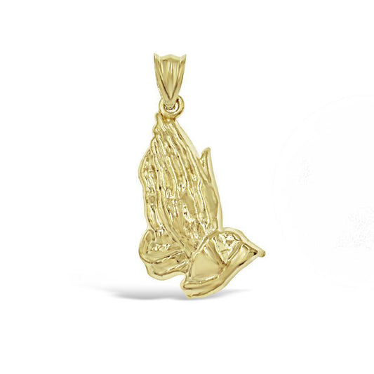 10K Yellow Gold Praying Hands Pendant Mens Charm 1.2 in
