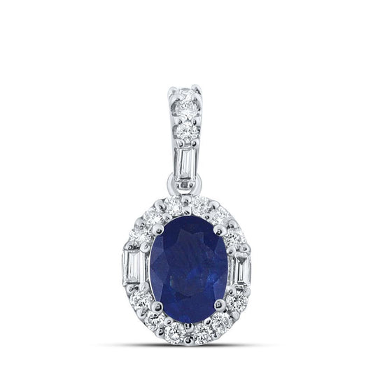 14k White Gold Blue Sapphire Oval & Diamond Baguette Pendant Charm 1.14cttw