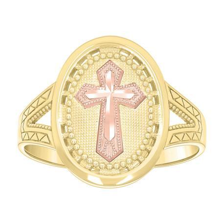 10K Two tone Gold Cross Diamond Cut Womens Band Ring