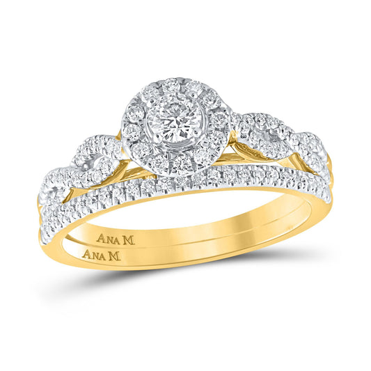 14k Yellow Gold Round Diamond Solitare Halo Bridal Wedding Ring Band Set 1/2Cttw