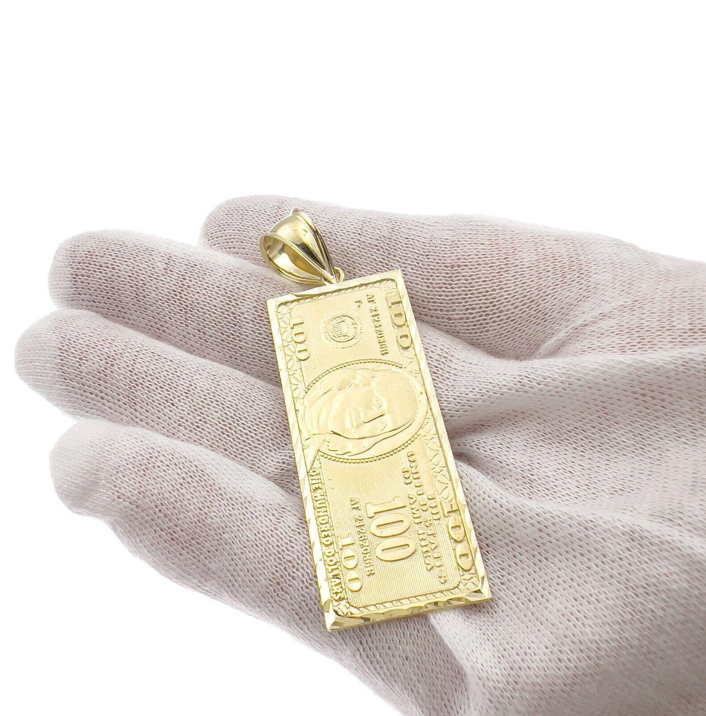 Money Bill $100 Dollar Solid Pendant 10k Yellow Gold Men Charm 2.6"