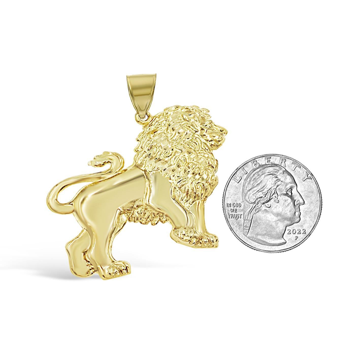 Lion Pendant Real 10K Yellow Gold Charm Mens 1.9 Inch