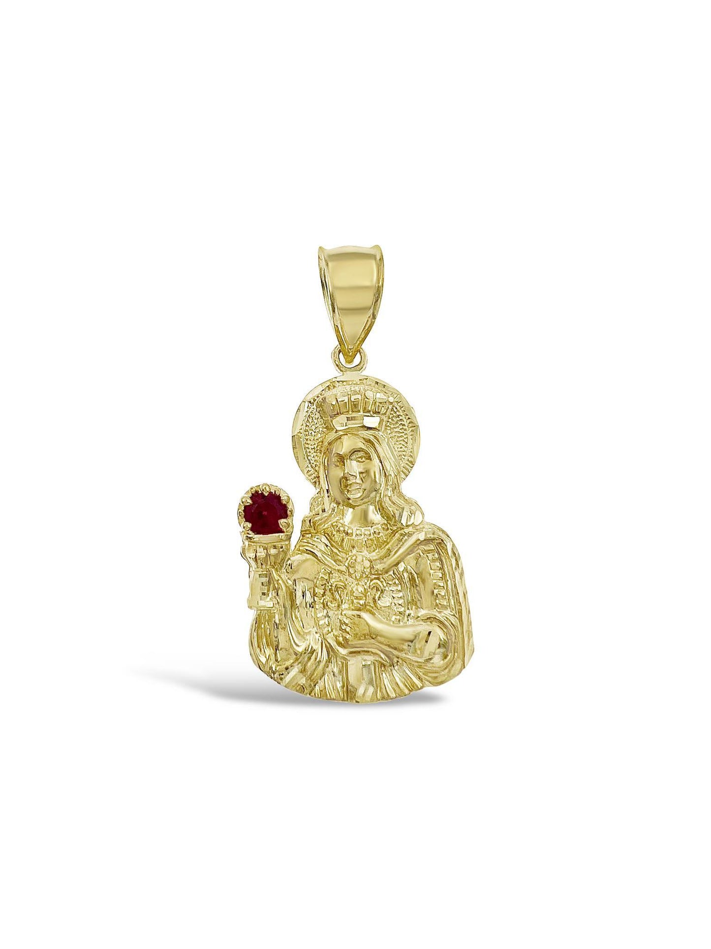Saint Barbara Simulated Ruby Pendant Charm 10k Yellow Gold 2.1 inch Mens