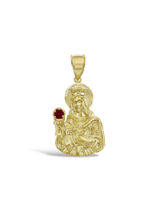 Saint Barbara Simulated Ruby Pendant Charm 10k Yellow Gold 2.1 inch Mens
