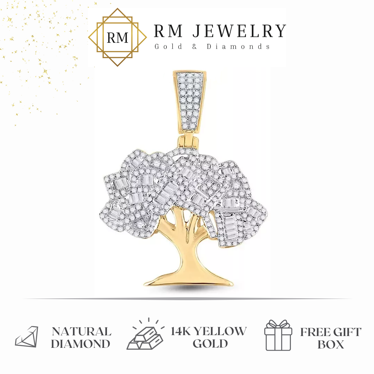 0.90ctw Baguette Round Diamond Money Tree Charm Pendant 14k Yellow Gold Mens