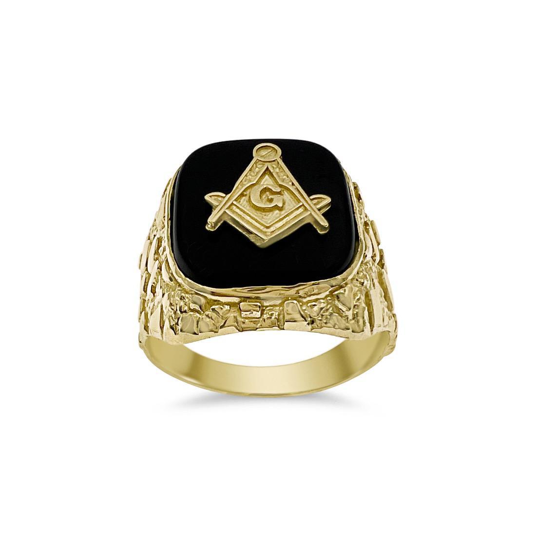 10k Yellow Gold Masonic Ring Freemason Symbol Mens Signet Nugget