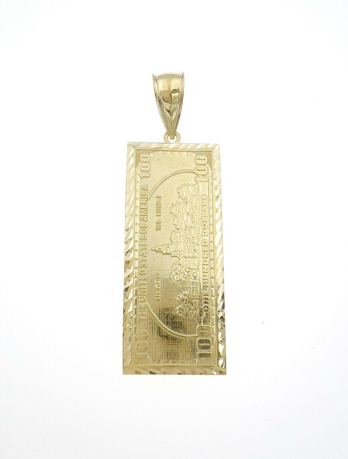 Money Bill $100 Dollar Solid Pendant 10k Yellow Gold Men Charm 2.6"