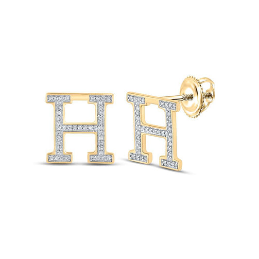 Diamond H Initial Letter Stud Earrings 10k Yellow Gold Screw Back