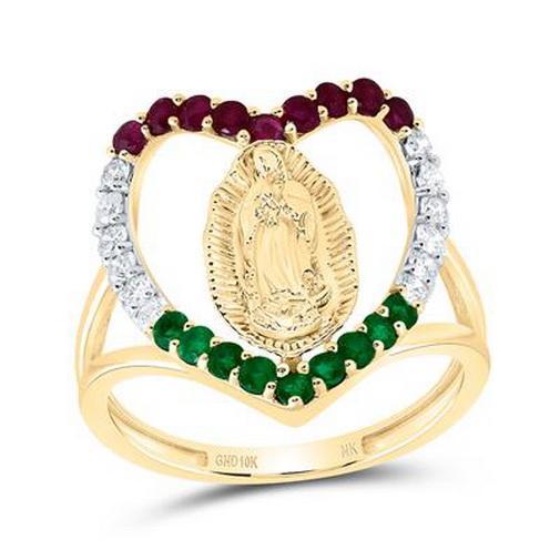 Ruby Emerald Diamond Virgin Mother Mary Heart Ring Split Shank 10K Gold 0.73ctw
