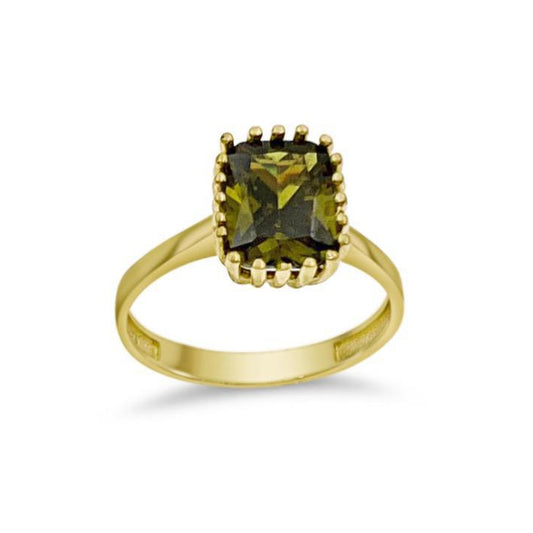 14K Yellow Gold Green Cushion Cut Solitaire Ring