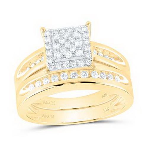 0.62ctw Diamond Square Cluster Trio Wedding Ring Set 14K Yellow Gold