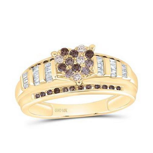 0.50ctw Baguette Cognac Diamond Heart Ombre Cluster Ring 10K Yellow Gold