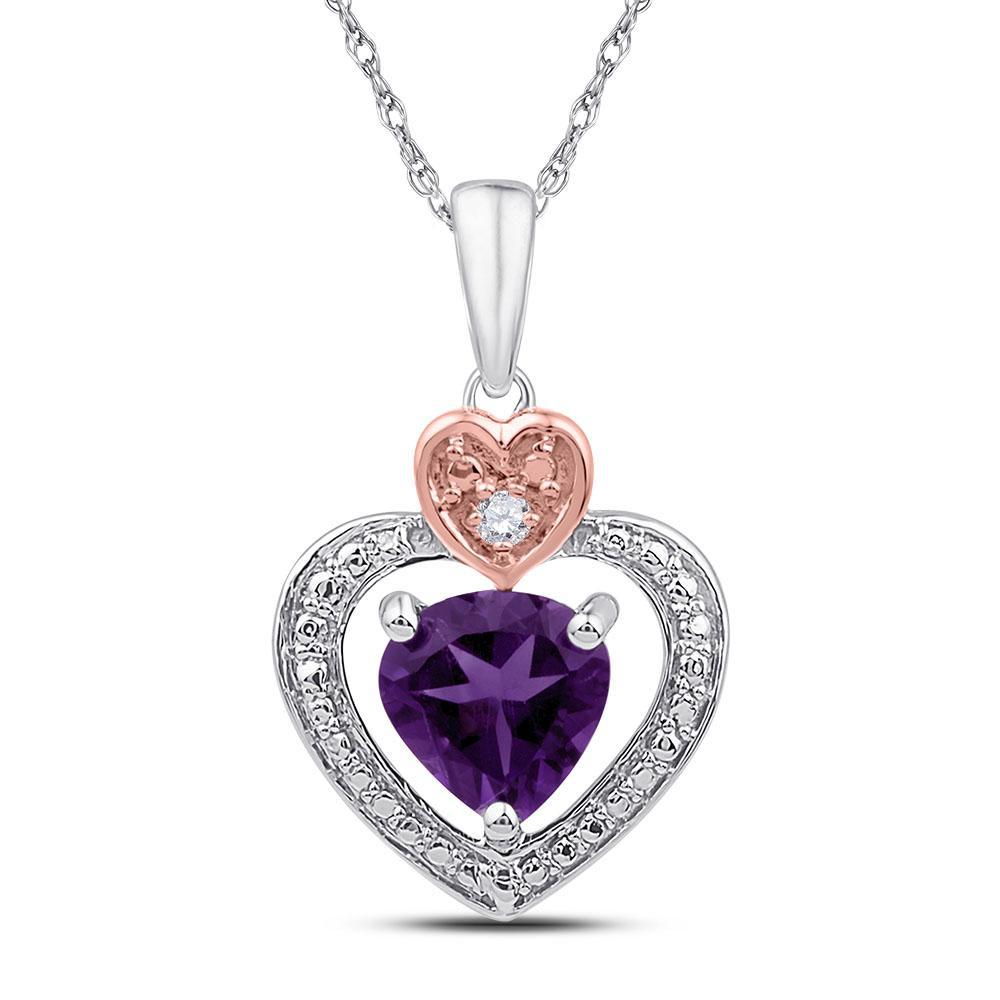 Diamond & Purple Lab Amethyst Heart Pendant Two-tone 925 Sterling Silver 0.76Ct