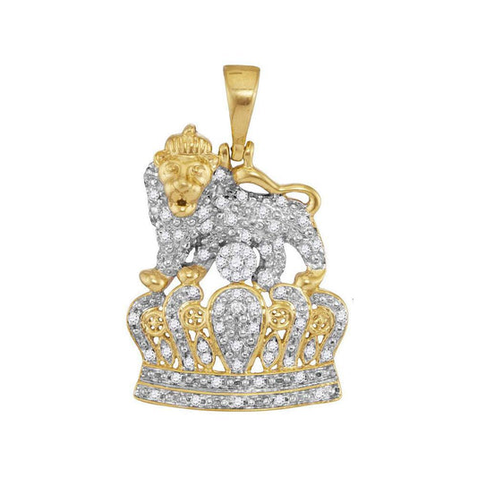 10kt Yellow Gold Mens Round Diamond Lion Tiger Crown Charm Pendant 1/3Cttw