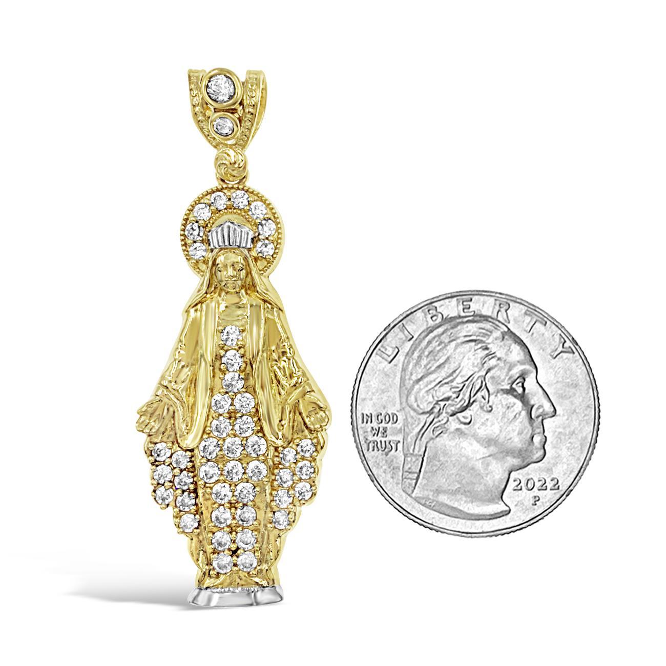 14K Yellow Gold Virgin Mary Lady Guadalupe Pendant CZ Charm 1.6 inch