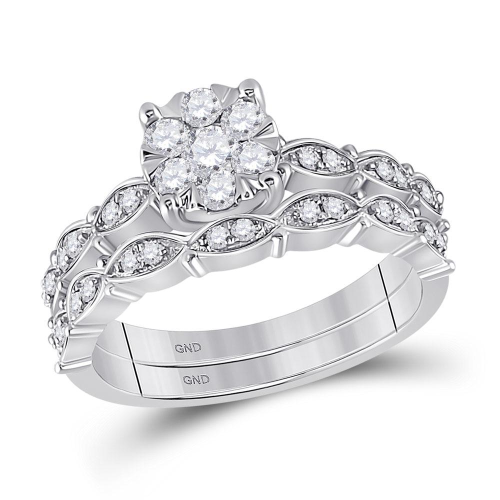 Diamond Cluster Bridal Ring Set 14K White Gold