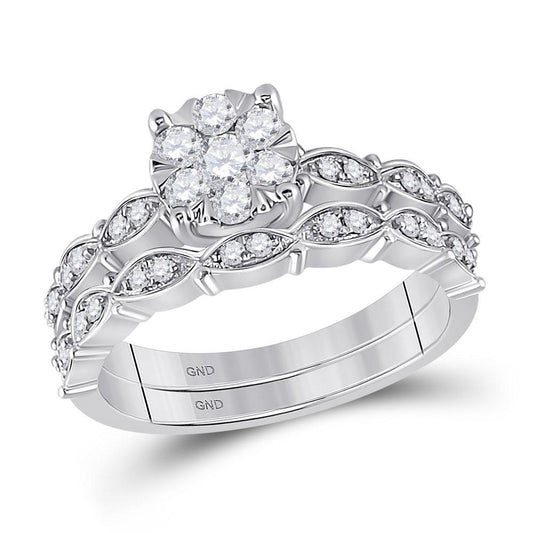 0.55 Ctw Round Diamond Cluster Engagement Wedding Ring Band Set 14k White Gold