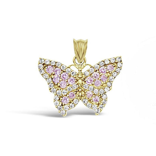 Butterfly Pendant 10k Yellow Gold Pink CZ Charm 0.9 inch